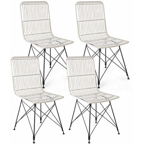 Set 4 Sedie 45x55x85 cm Metal Rattan in Fibre Naturali Bianco