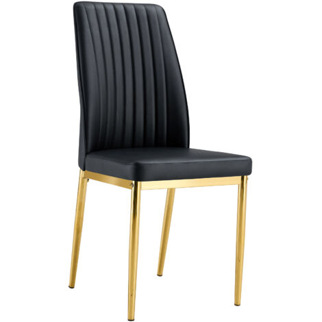Set 4 Sedie da Pranzo Imbottite, con Struttura Metallo Dorato, Seduta Morbida e Supporto Lombare, in Pelle PU Nero
