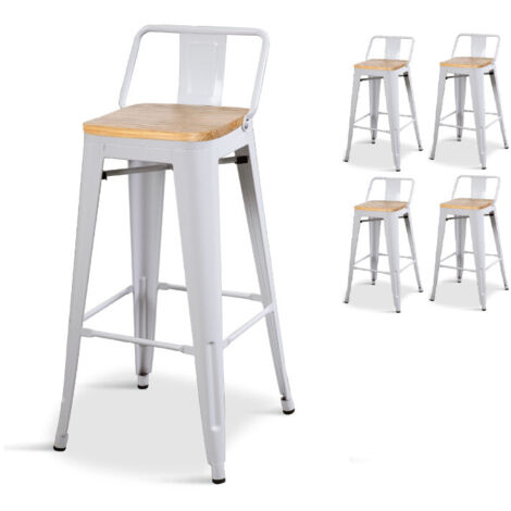 Set 4 sgabelli da bar in metallo bianco opaco stile industriale con schienale e seduta in legno chiaro - Altezza 76 cm