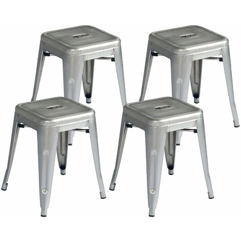 Set 4 Sgabelli Impilabili 39x39x46 cm in Lamiera Galvanizzata Silver