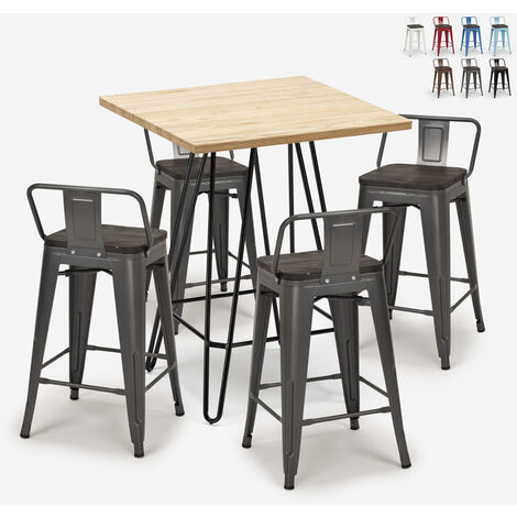 Set 4 sgabelli tolix tavolino industriale alto legno metallo 60x60cm Mason Steel Top