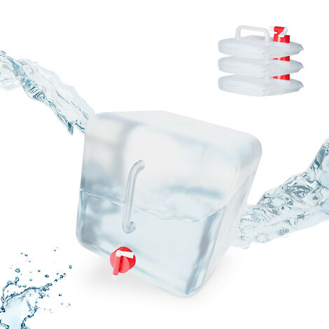 Set 4 taniche pieghevoli Relaxdays 15L con rubinetto/tappo a vite, maniglia, per campeggio, senza BPA, trasparente/rosso