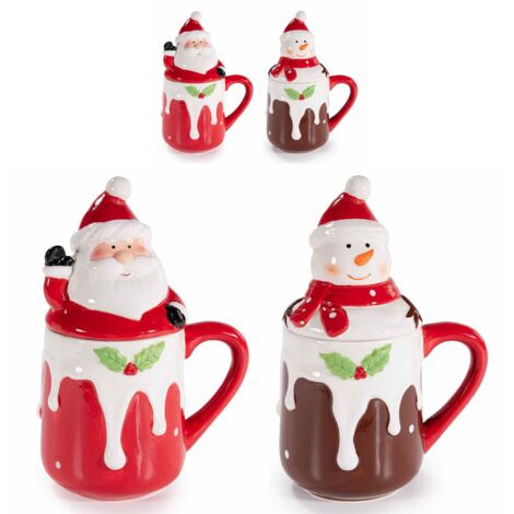 Set 4 tazze natalizie in ceramica con Babbo Natale e pupazzo di neve