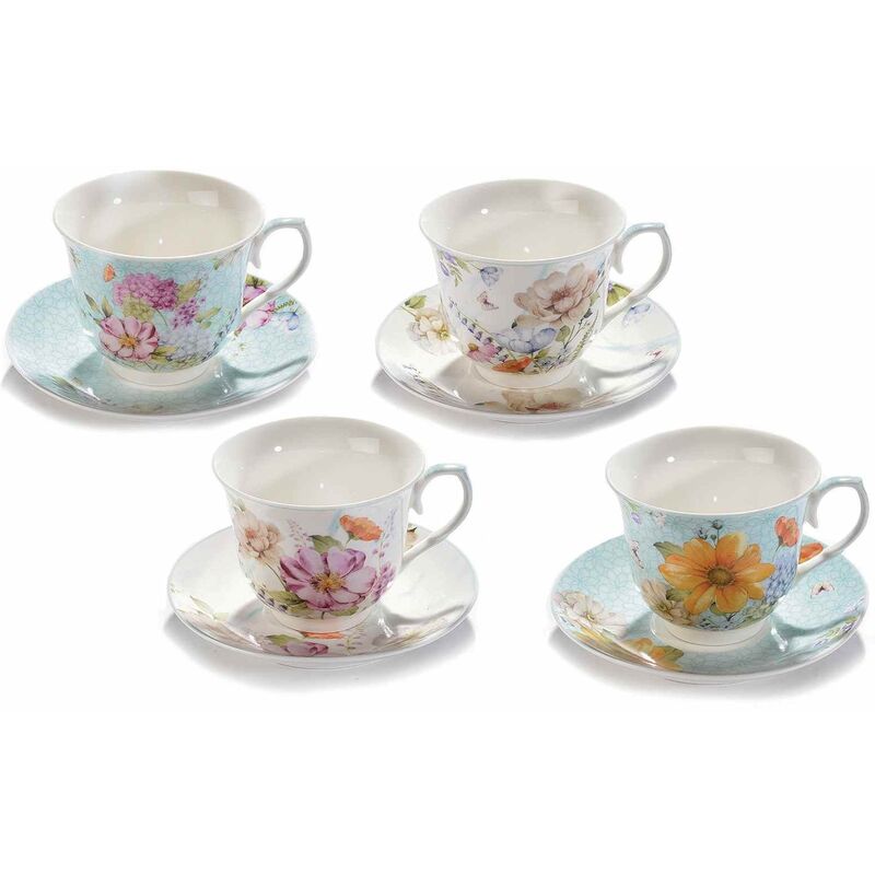 Image of Gruppo Maruccia - Servizio da tè in porcellana con decori floreali con 4 tazzine e piattini