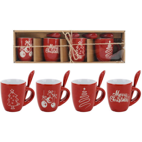 Set 4 Tazzine Natalizie con  Cucchiaino Rosse