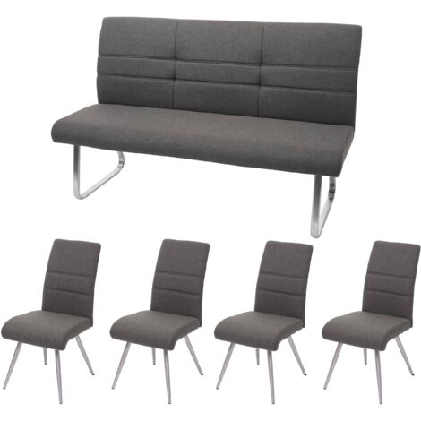 Set 4x sedie senza braccioli e panca da interni HHG-708 acciaio inox tessuto grigio
