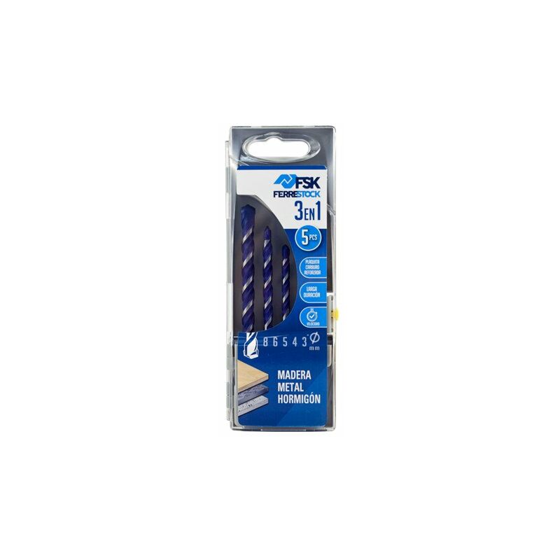 

FSKBRC103 set de 5 brocas multisuperficie 3en1, punta con plaquita de carburo reforzado y diseño especial, 3/4/5/6 y 8mm - Ferrestock