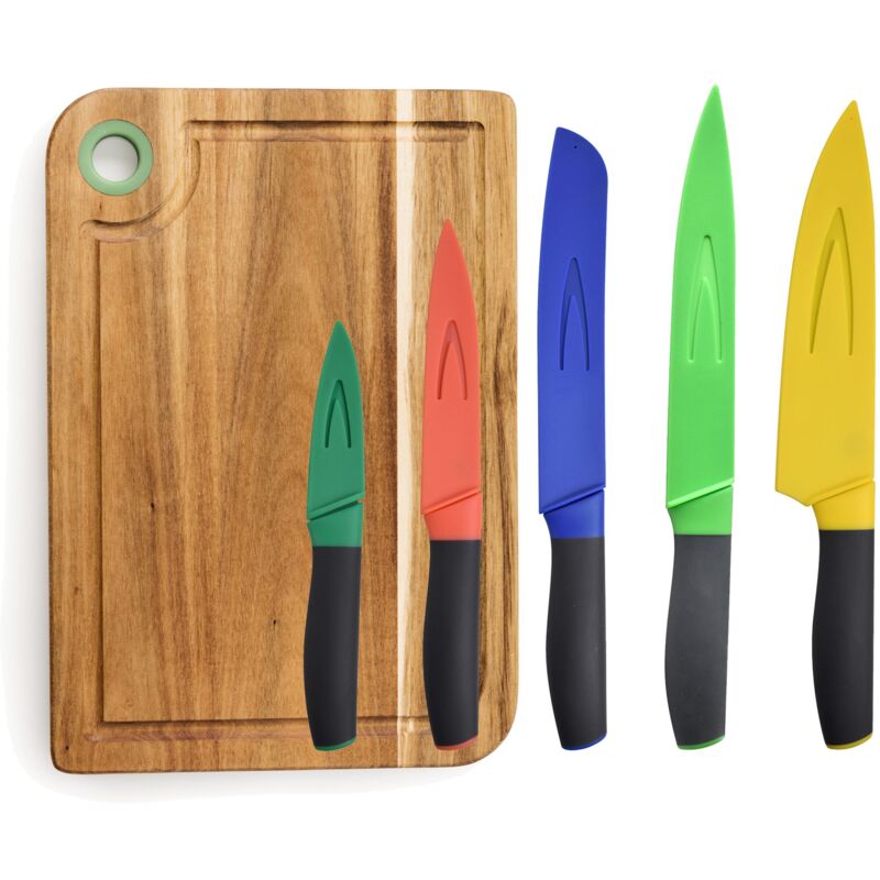

Benetton - Set 5 cuchillos de cocina con funda/protector y tabla de cortar 33x23x1.5cm madera de acacia Casa