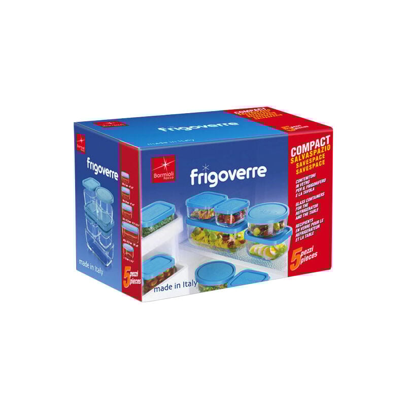 Bormioli Lot de 5 Boites de conservation FRIGOVERRE-(10x7-10x10-10x13-13x21-D 12cm)