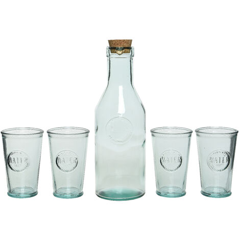 Set 5 pz acqua Caraffa con coperchio in sughero e 4 bicchieri di vetro chiaro riciclato