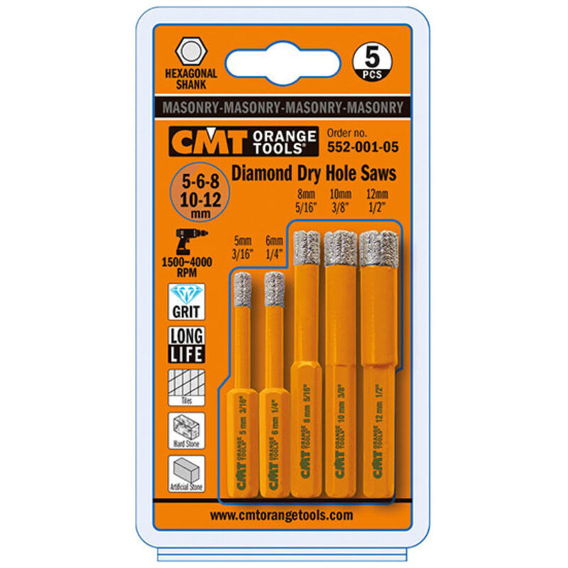 CMT - Set de 5 meches diamantées 5 / 6 / 8 / 10 et 12 mm