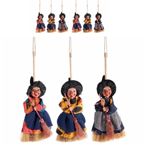 Set 6 befane decorative da appendere in resina con abito in stoffa e scopa