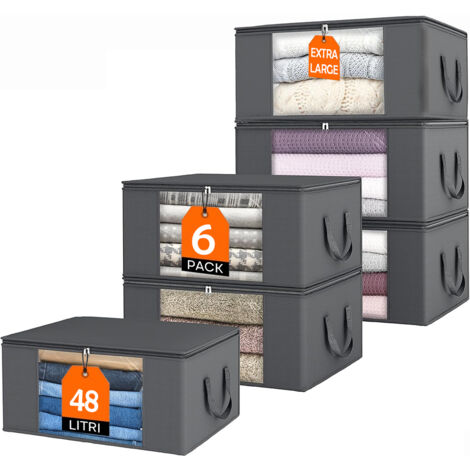 Set 6 Contenitori Pieghevoli 48L con Manici Rinforzati per Vestiti e Trapunte