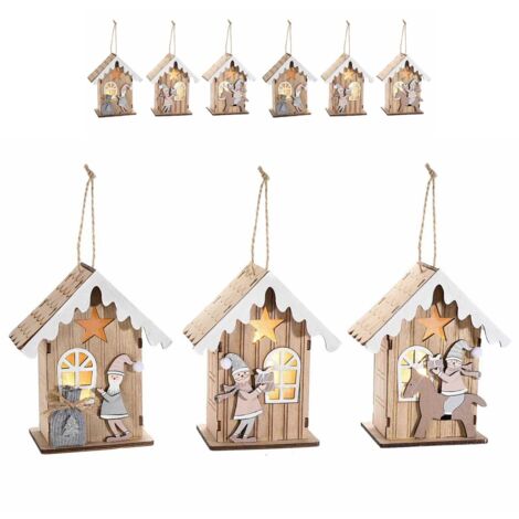 Set 6 Decorazioni Natalizie da Appendere a Forma di Casette con Luci