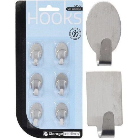 Set 6 ganci adesivi in acciaio inox, 2 forme, argento assortito