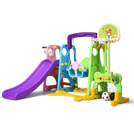 Set 6 in 1 scivolo canestro da basket, Set con altalena e muro per arrampicata
