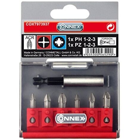 set 6 inserti a croce philips e pozidriv torsion acr connex "max-power" con supporto magnetico