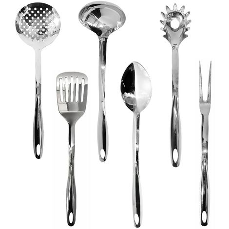 Set 6 mestoli da cucina schiumarola forchettone cucchiaione prendi spaghetti in acciaio inox 18/10 Made in Italy spessore 2mm