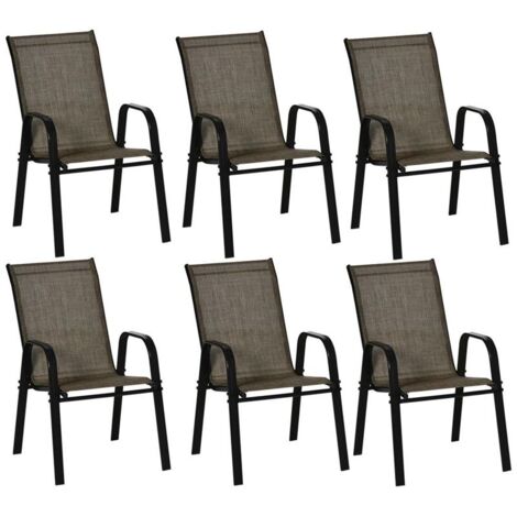 SET 6 PEZZI SEDIE DA GIARDINO CON BRACCIOLI. SEDIE DA ESTERNO IMPILABILI IN METALLO E TESSUTO TRASPIRANTE. MARRONE