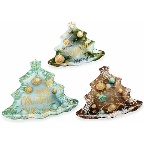 Set 6 Piatti Natalizi a Forma di Albero di Natale in Vetro Decorato Idea Regalo Natale