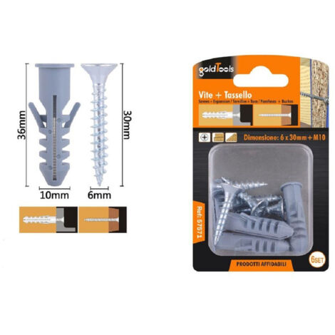 Set 6 Pz Viti Vite Croce 6x30mm + Tassells Avec Tassello M10 Fischer 57571