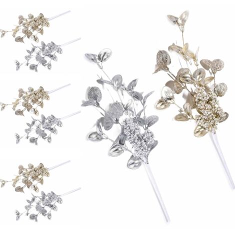Set 6 Rami Artificiali con Bacche e Foglie Oro e Argento - Fiori Natalizi