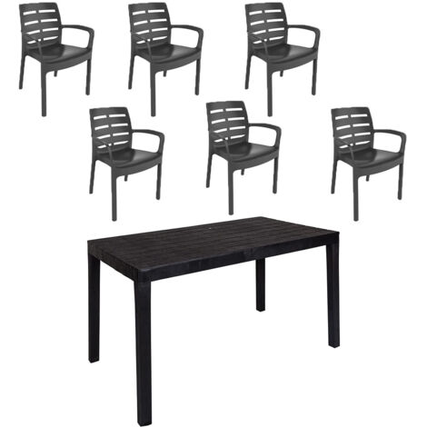 Set 6 Sedia con braccioli e tavolo da giardino in resina antracite per interno esterno bar pub ristorante balcone terrazza