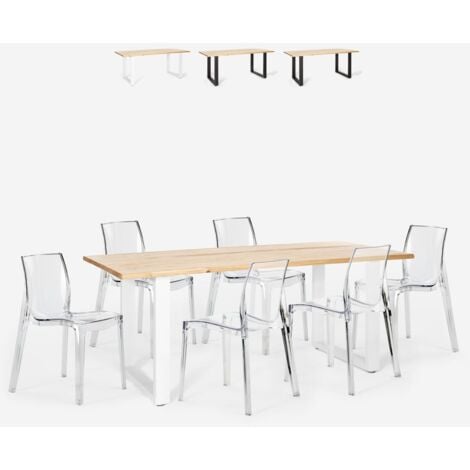 Set 6 sedie design trasparente tavolo da pranzo 180x80cm industriale Vice  Colore: Bianco