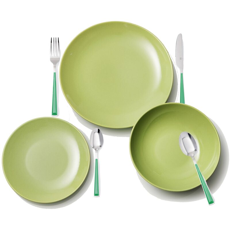 

Benetton - Set 6 servicios: 18pcs vajilla loza color verde y 24pcs cubertería acero inoxidable mango color verde Casa