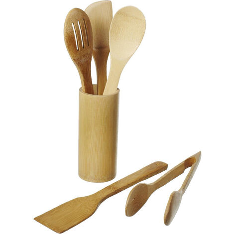 Set 6 Utensili da Cucina Strumenti in Bamboo Supporto Porta Mestoli Resistente