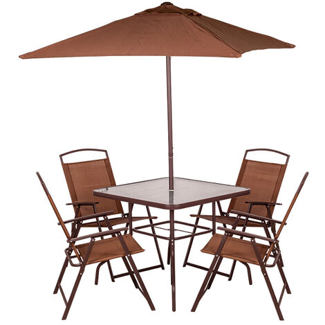 Set 6Pz 4 Sedie C/Tavolo E Ombrellone Marrone 165X65X112Cm