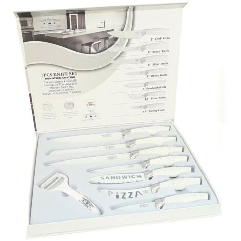 Set 7 Couteaux De Cuisine En Acier Avec Manche Anti-dérapant Plus épluche-patates Blanc