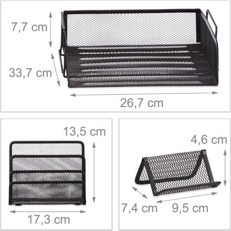 Set 7 fournitures de bureau pot punaises pot crayon bloc notes cartes de visite courrier métal surfaces rangement noir 130002466