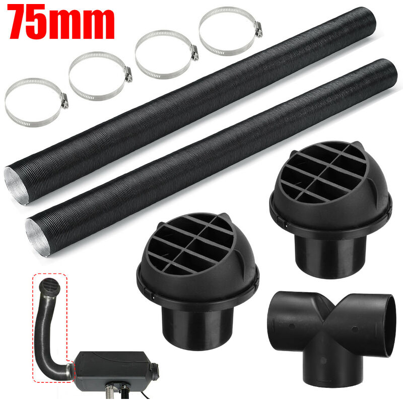 Image of Set 75mm Car Air Parking Heater Duct Pipe Hose Line Vent Air Outlet Connettore a forma di t Fascette stringitubo