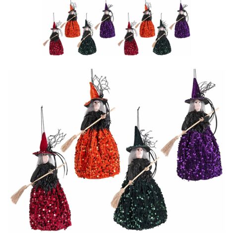 Set 8 befane da appendere con abito in paillettes e scopa in 4 colori assortiti
