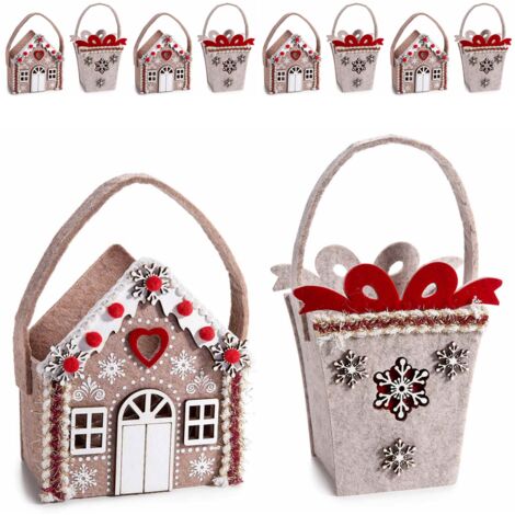 Set 8 borsette natalizie in panno con manico a forma di casetta e pacco regalo