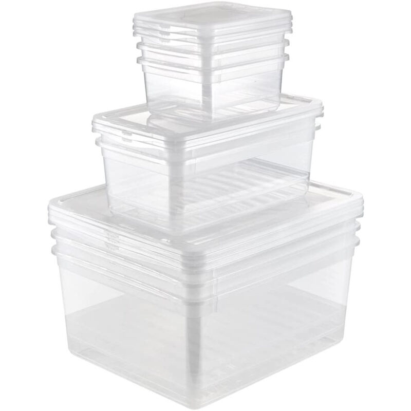 

Keeeper - Set 8 Cajas de almacenaje: 3x1,7 L + 2x5,6 L + 3x18 L, Plástico, Natural Transparent