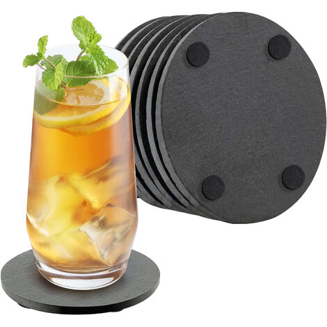 Set 8 Pezzi Sottobicchieri Rotondi In Ardesia 10 Cm Colore Nero Pietra Naturale Certificati Contatto Alimentare Con Gommini Antiscivolo Sottobicchiere Bar,Birreria,Casa Accessori Decorazione Tavola