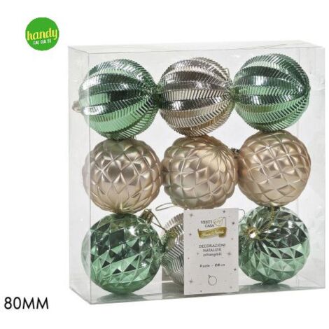 Set 9 Sfere General Trade Ø 80mm Verde e Champagne Modelli Assortiti