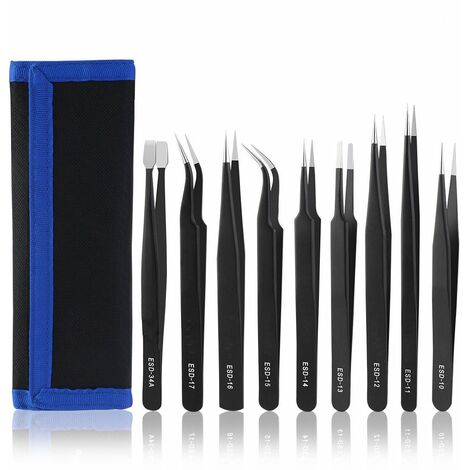 Set 9pc Pinzas de Precision Acero Inox con Recubrimiento Antiestático