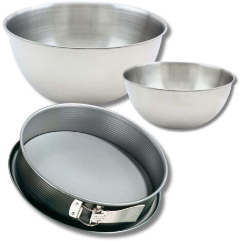 Set à pâtisserie avec 1 Moule à charnière rond 28 cm à fond plat, 1 spatule Zenker et 2 bols à mixer en inox Fackelmann