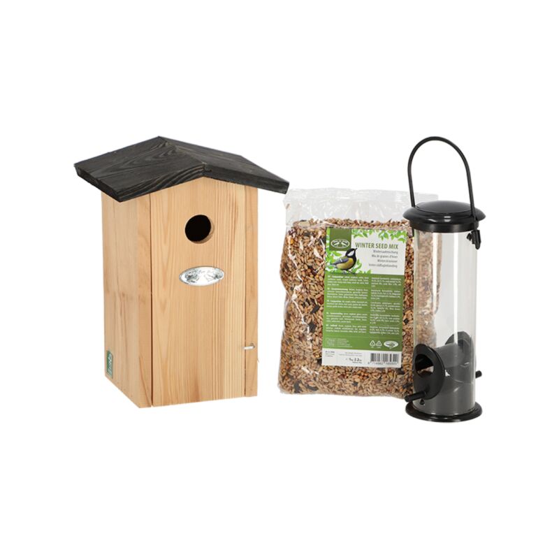 Set nichoir en bois pour mésange bleue avec mangeoire et graines - Beige/Noir - Livraison gratuite
