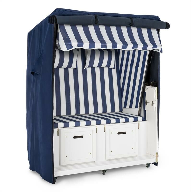 Set Abri plage cabine chaise longue 2 places housse/roulettes - bleu - Bleu