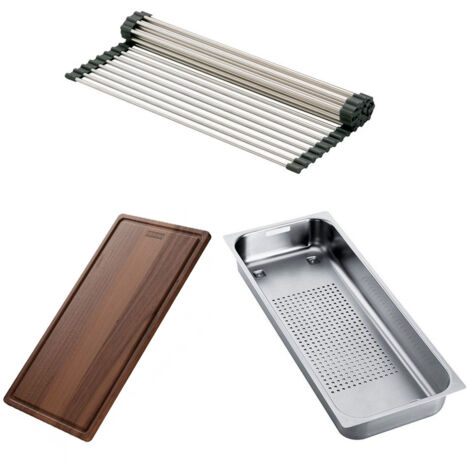 Set accessoires éviers Aton Inox : Rollmat + panier égouttoir + planche en noyer - Franke