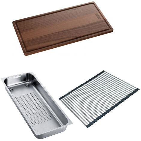 Set accessoires éviers Smart Inox : Rollmat + panier égouttoir + planche en noyer - Franke