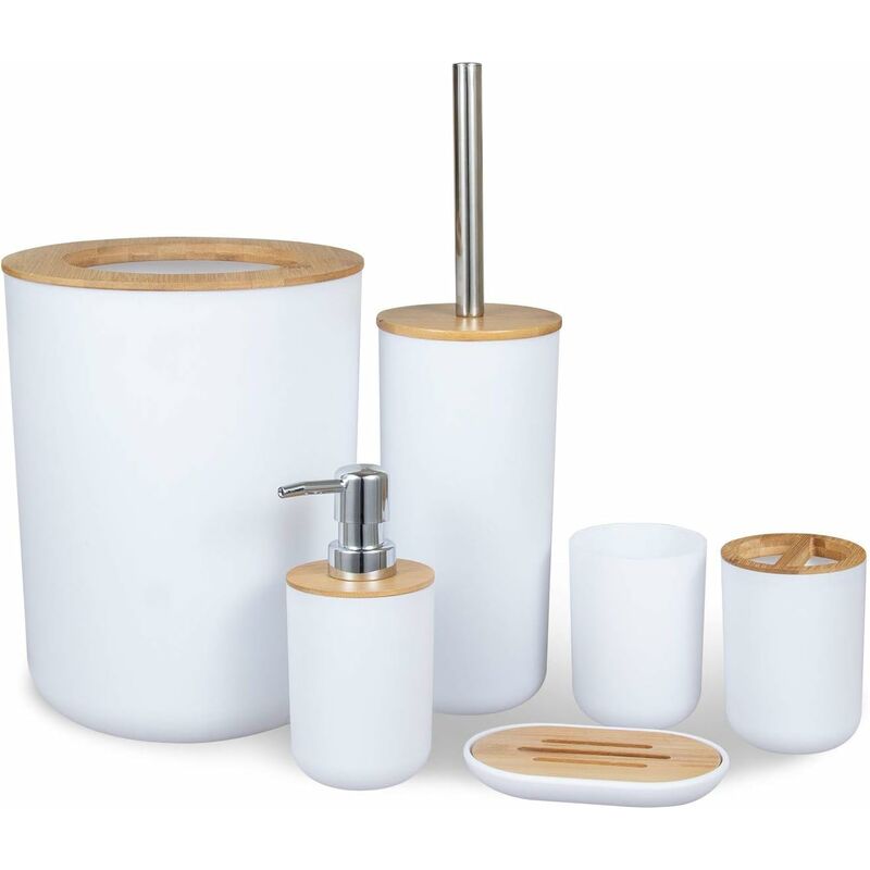 Set Accessoires Salle de Bain, 6 Pièces Accessoire pour Salle en Bambou avec Distributeur Savon, Porte Brosse à Dents, Brosse Toilettes wc, Porte