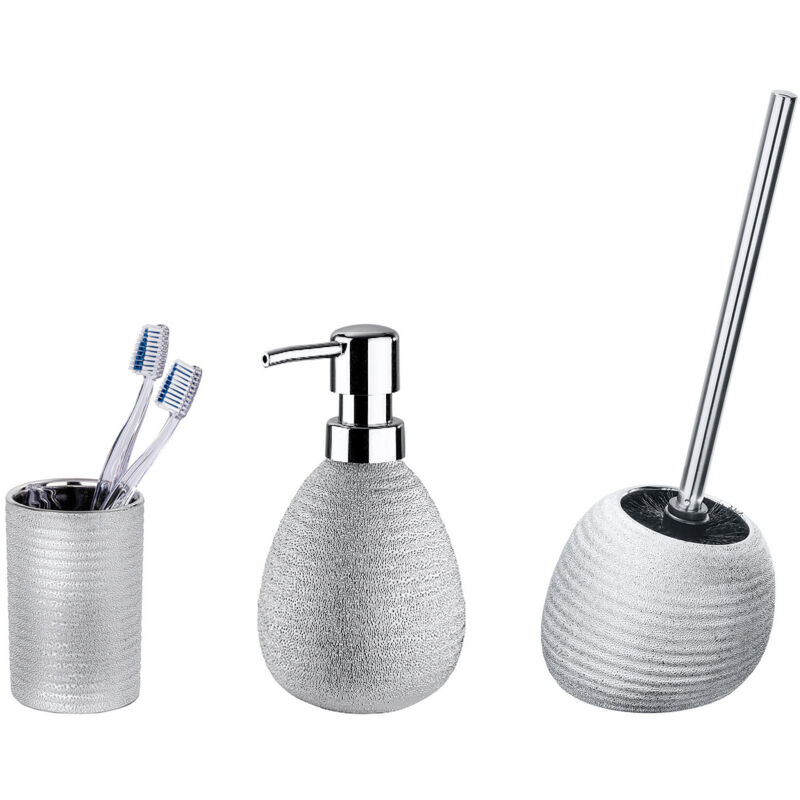 Set Accessoires Salle de Bain, Distributeur Savon Liquide, Porte Brosse à Dent, Brosse wc, céramique, Polaris Argent - Wenko