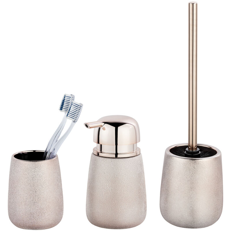 Set accessoires salle de bain, gobelet brosse à dent, distributeur savon liquide, Brosse wc, Céramique, Glimma, rose effet 'paillette' - Wenko