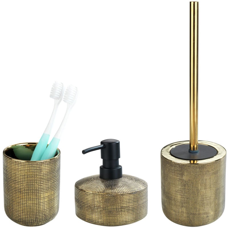 Set accessoires salle de bain Rivara 3 pièces Wenko Composé d'un gobelet, distributeur de savon et brosse wc en céramique structurée or brillant