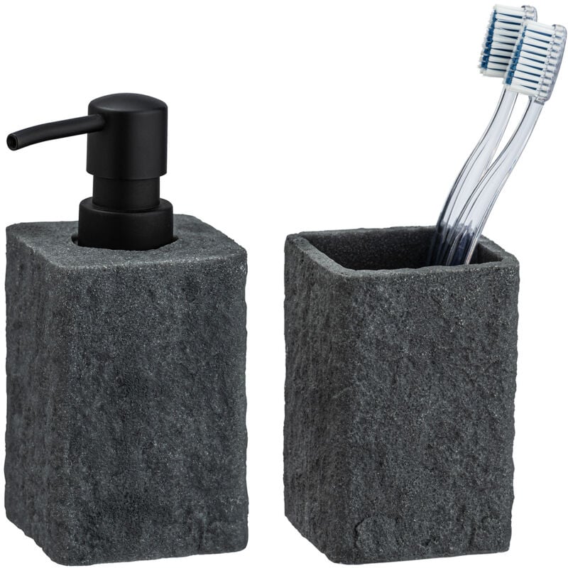 Lot gobelet brosse à dent et distributeur 300ml Villata Wenko Accessoires salle de bain, Poly résine, Gobelet : 7,5x11x7,5 cm, Distri 7x15x7 cm, Gris